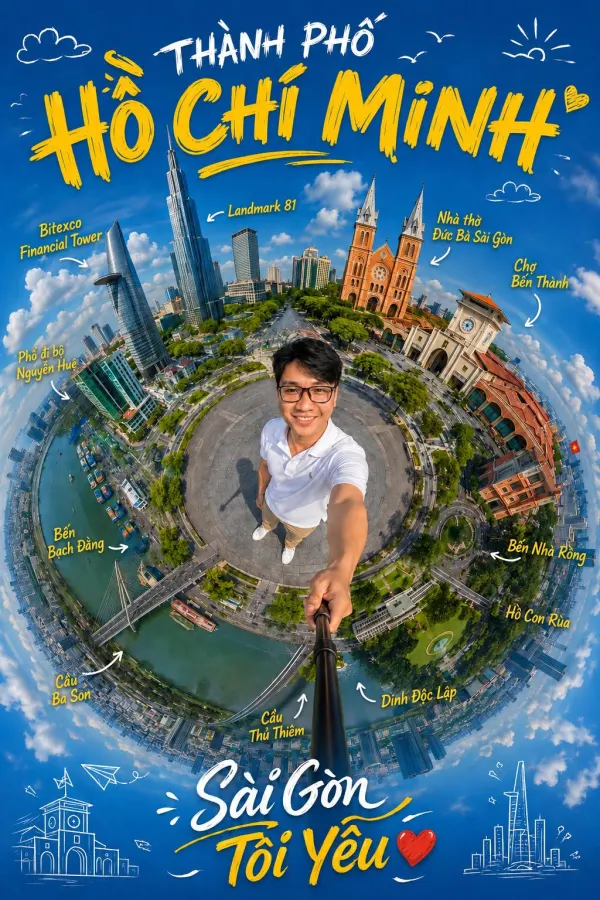 Prompt poster du lịch phong cách mini planet (tiny planet) siêu thực, góc chụp fisheye 360 độ từ trên cao